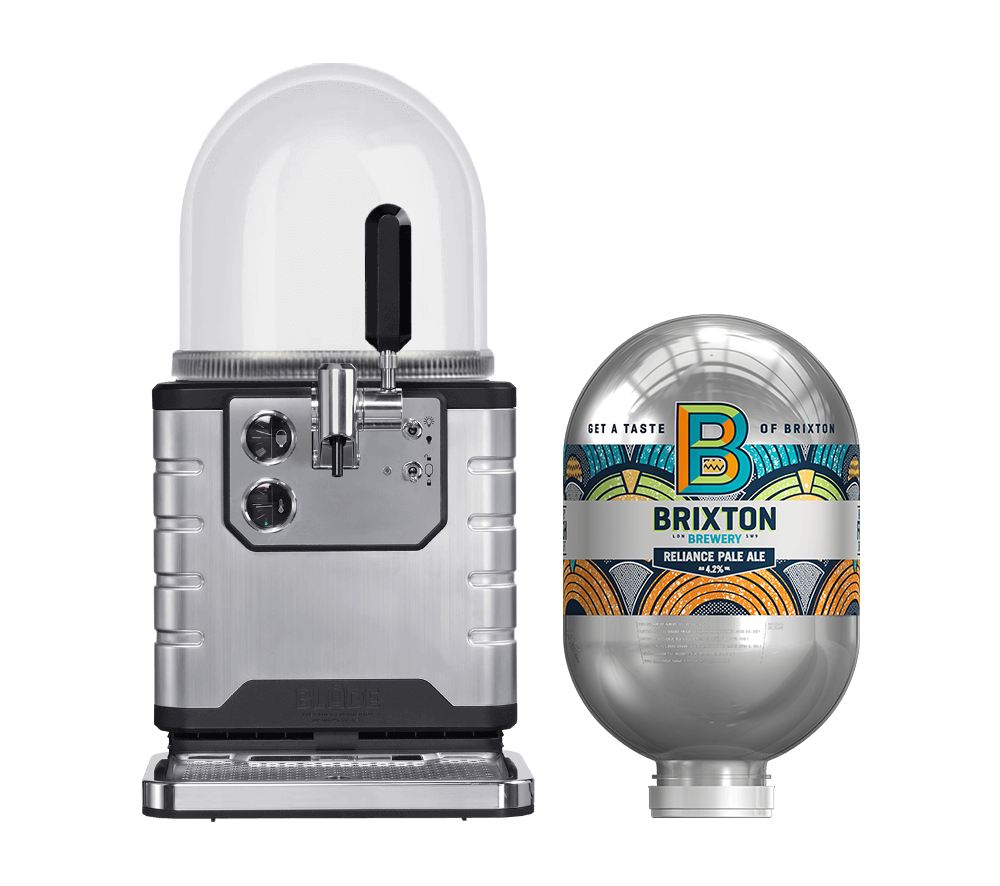 A BLADE beer machine with a Brixton Reliance Pale Ale BLADE beer keg next to it.
