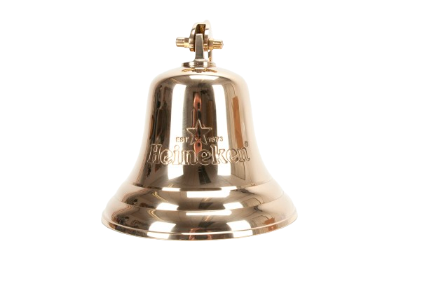 Front view of a Heineken gold-colored Bar Bell Merch.