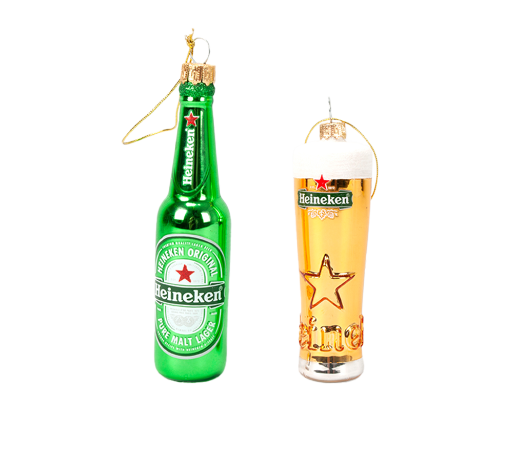 Christmas Ornaments Bundle of a Heineken beer bottle and foam-topped beer glass.
