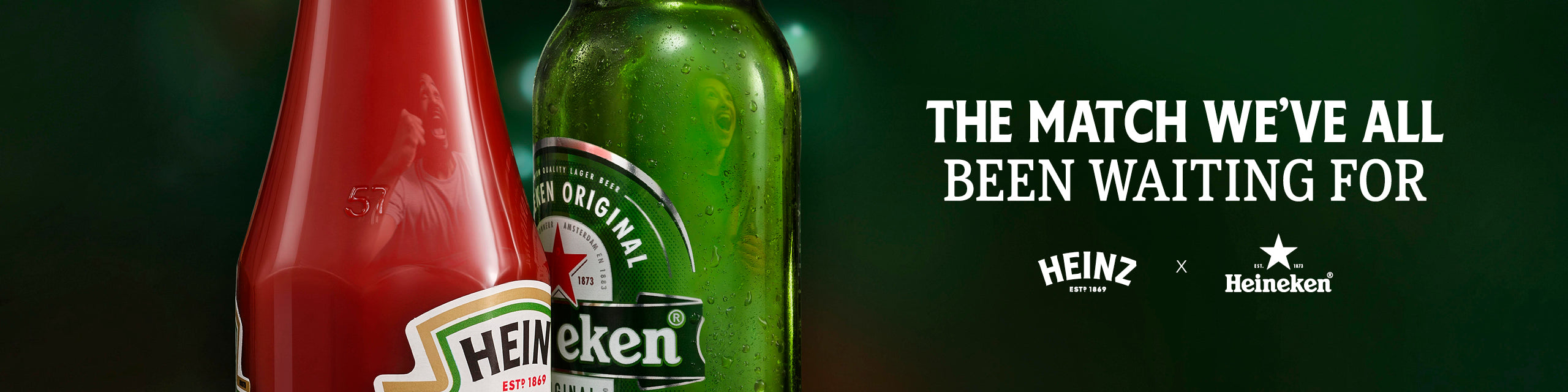 Two bottles of Heineken beer and Heinz ketchup with text overlay on a dark background