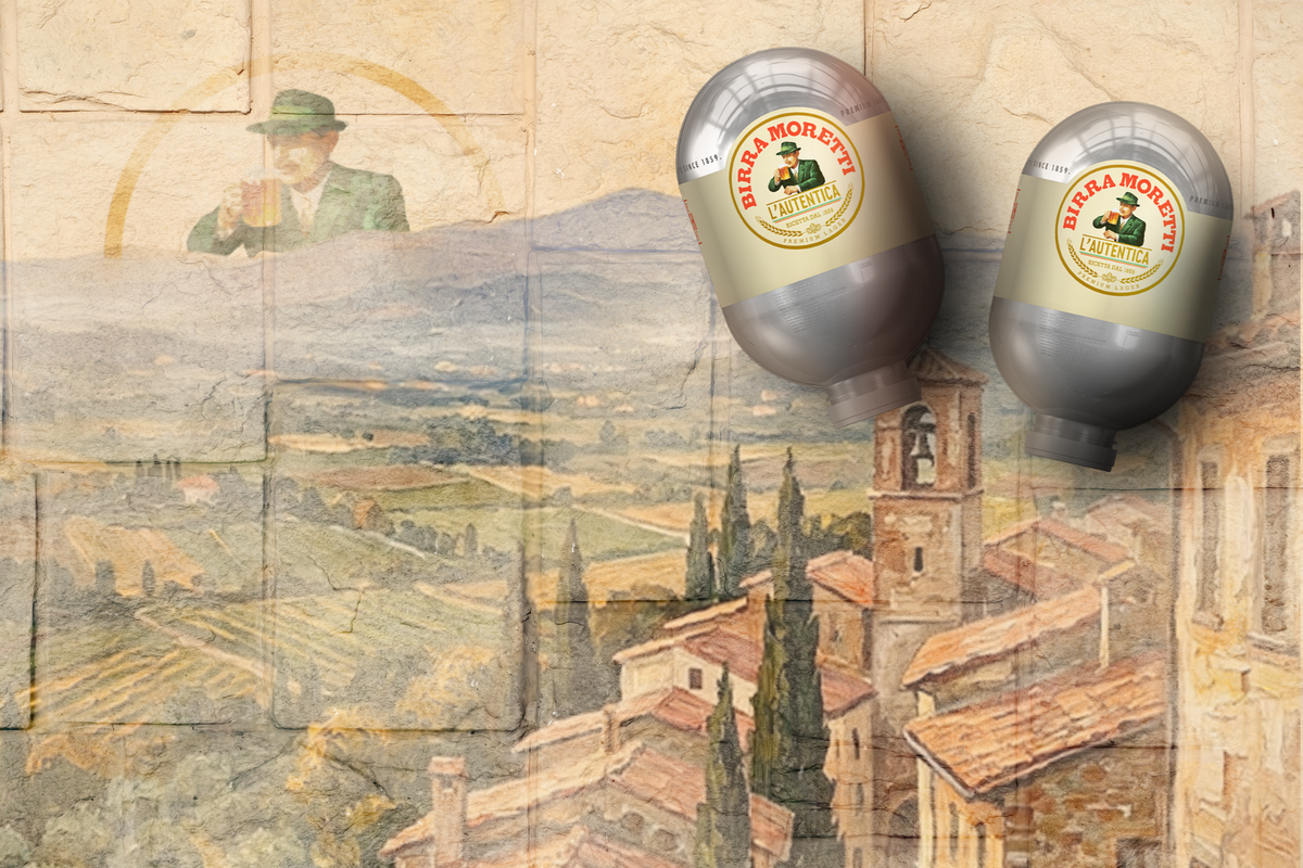Two kegs of birra moretti beer with gold labels, set against a textured vintage-style illustration of a Tuscan landscape and a man holding a glass.
