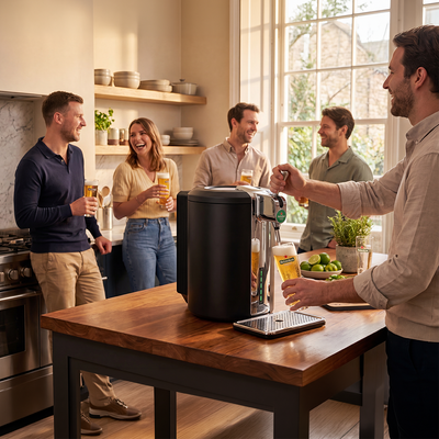 Group of people enjoying drinks around a kitchen counter with a BeerTender beer dispenser.