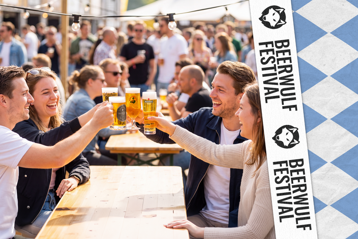 A group of friends toasting with beer mugs at an outdoor beer festival, with a vertical banner on the right reading 'Bierwulf Festival' and a blue-and-white checkered pattern.