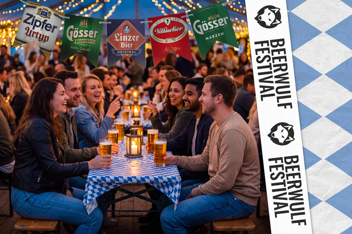 A festive beer hall scene with groups of people sitting around small tables, drinking beer under warm string lights. Colorful beer flags hang above, and a vertical blue-and-white checkered banner on the right reads 'Beerwulf Festival' with a wolf logo.