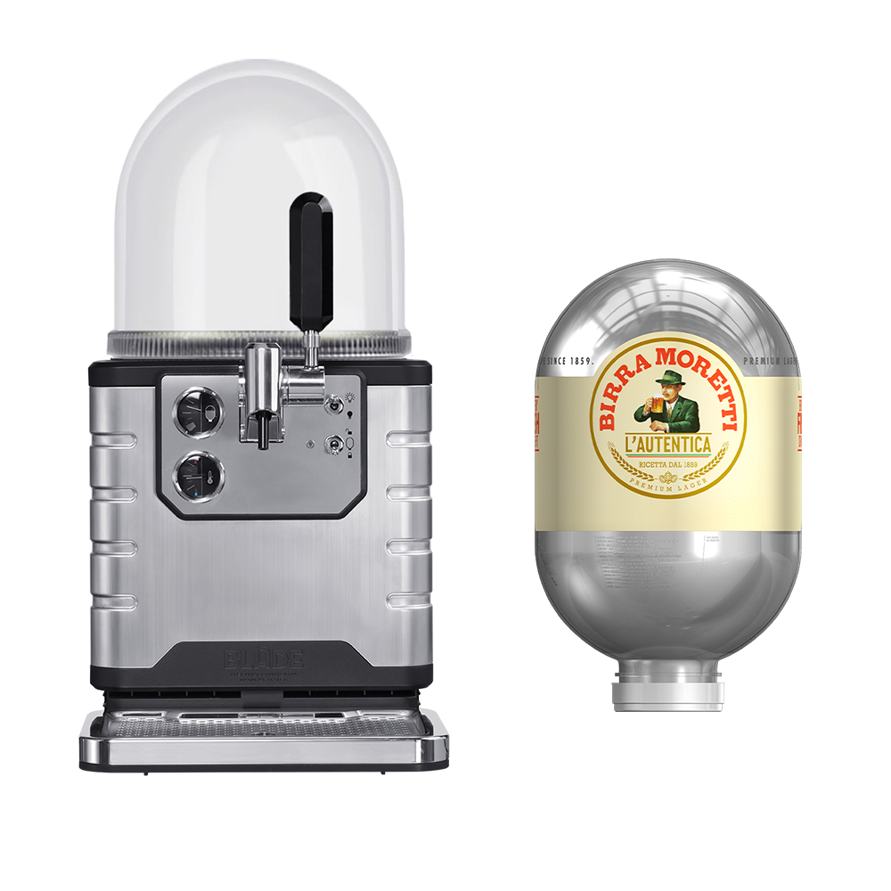 A BLADE beer machine with a Birra Moretti BLADE keg next to it.