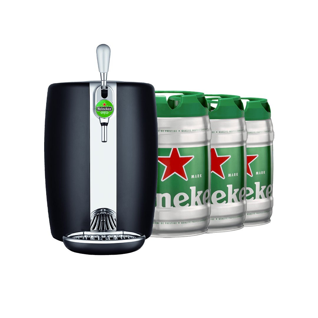 A BeerTender beer machine with three 5L Heineken kegs next to it.