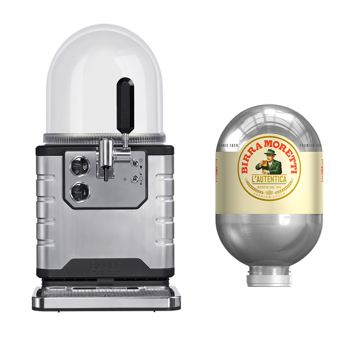 A BLADE beer machine with a Birra Moretti BLADE keg next to it.