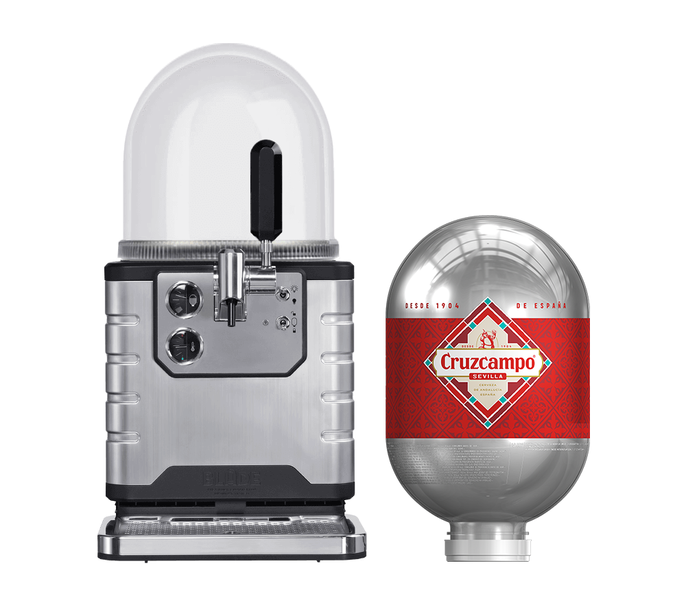 A BLADE beer machine with a Cruzcampo BLADE beer keg next to it.