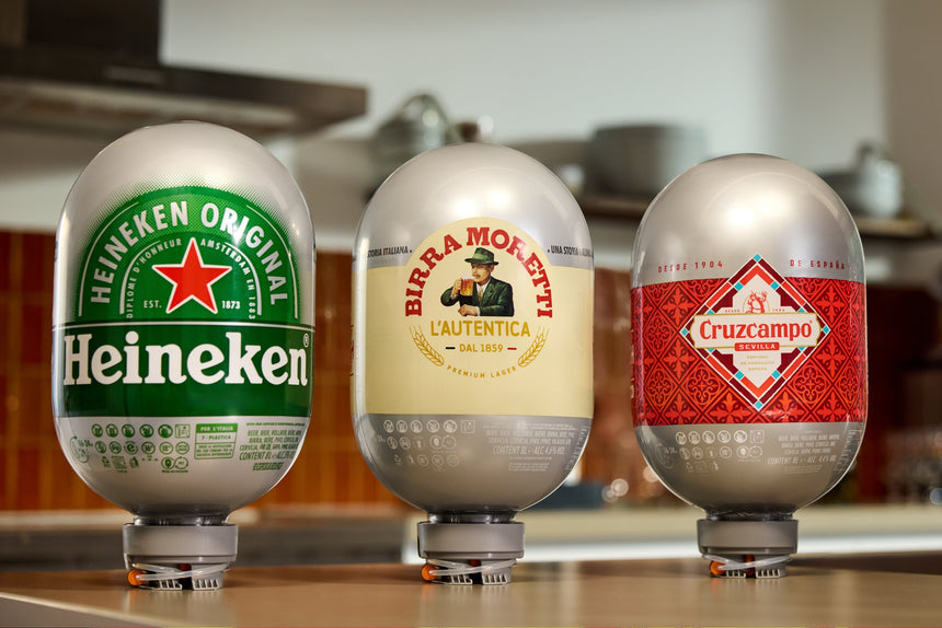 Blade 8L keg lineup in kitchen setting – UK edition showcasing variety of draught beer options