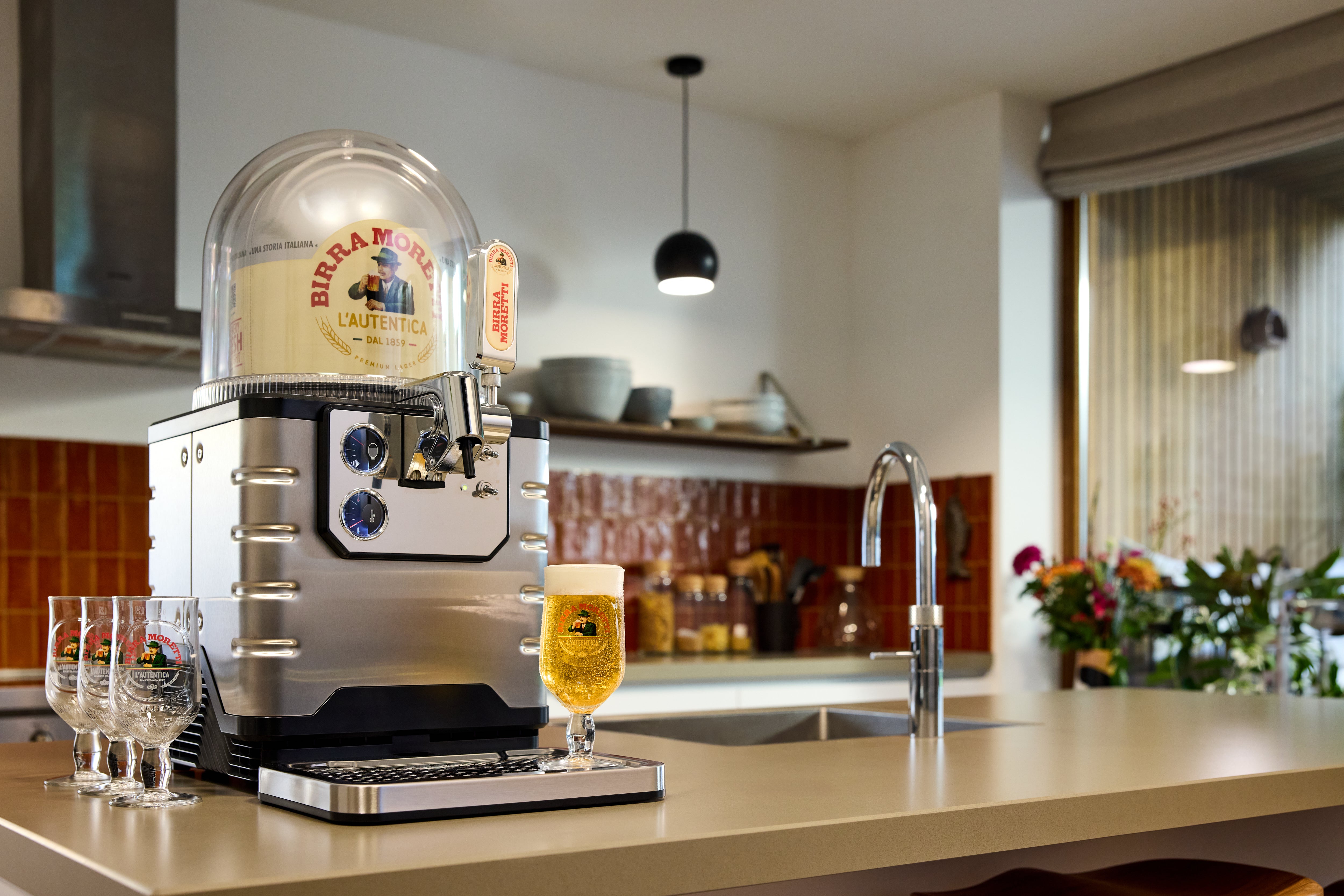 Birra Moretti Keg Installed in Blade Beer Tap. Premium Lager for Home Kitchens.

