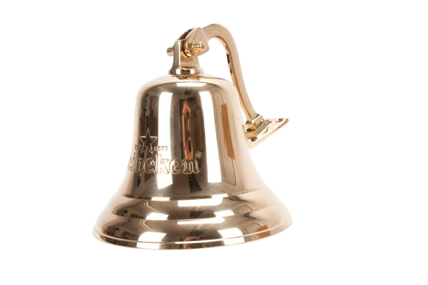 Side view of a Heineken gold-colored Bar Bell Merch.