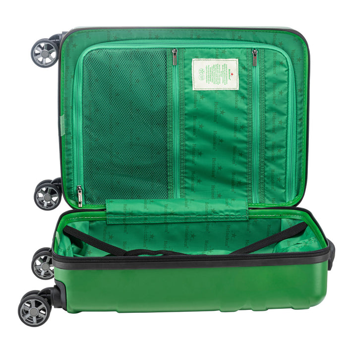 Green Heineken Suitcase Merch displayed with the lid open to reveal the inside.