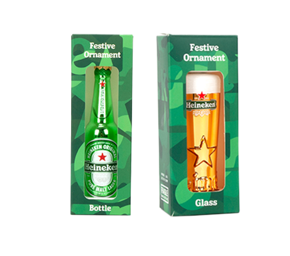 Bundle of two Heineken festive ornaments in packaging: one beer bottle and one foam-topped beer glass.