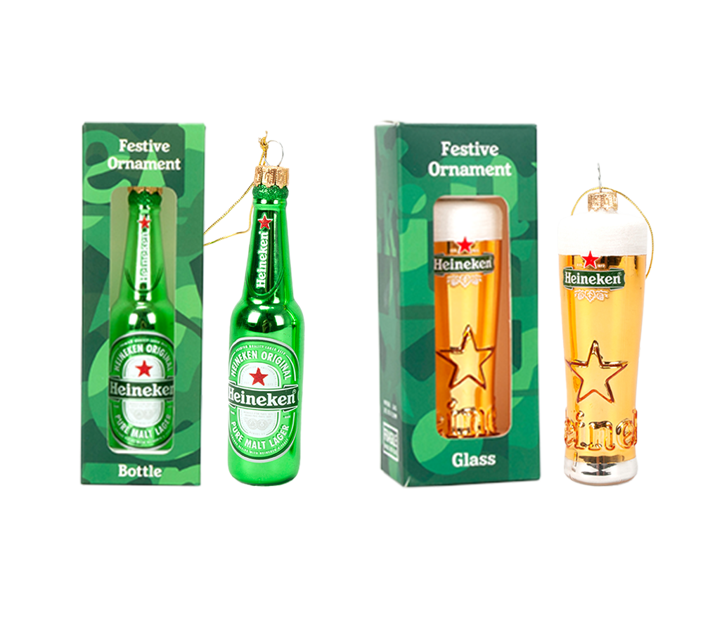 Bundle of two Heineken festive ornaments, shown both in and out of packaging: one beer bottle and one foam-topped beer glass.