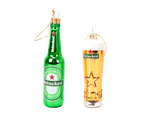 Christmas Ornaments Bundle of a Heineken beer bottle and foam-topped beer glass.