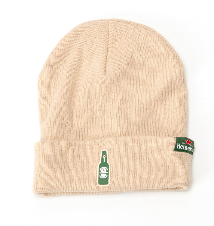 Beige beanie with embroidered Heineken logo and bottle icon.