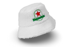 Cozy White Furry Winter Bucket Hat with Heineken logo.