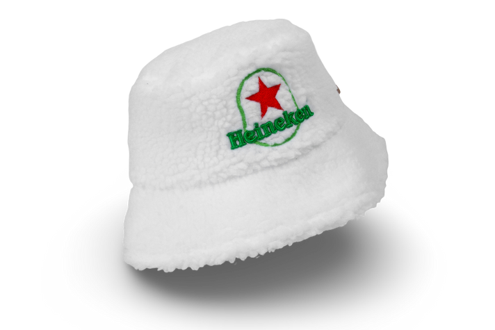 Cozy White Furry Winter Bucket Hat with Heineken logo.