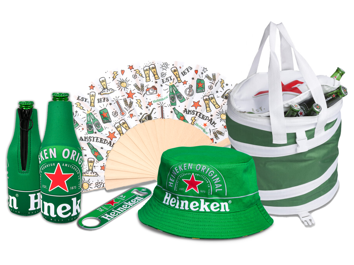 Heineken branded items including bottles, bucket hat, and cooler bag on a white background