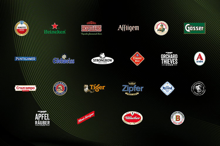 Collection of various beer brand logos on a dark background