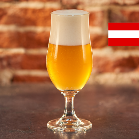 A full glass of golden beer with the flag of Austria in the top right corner.