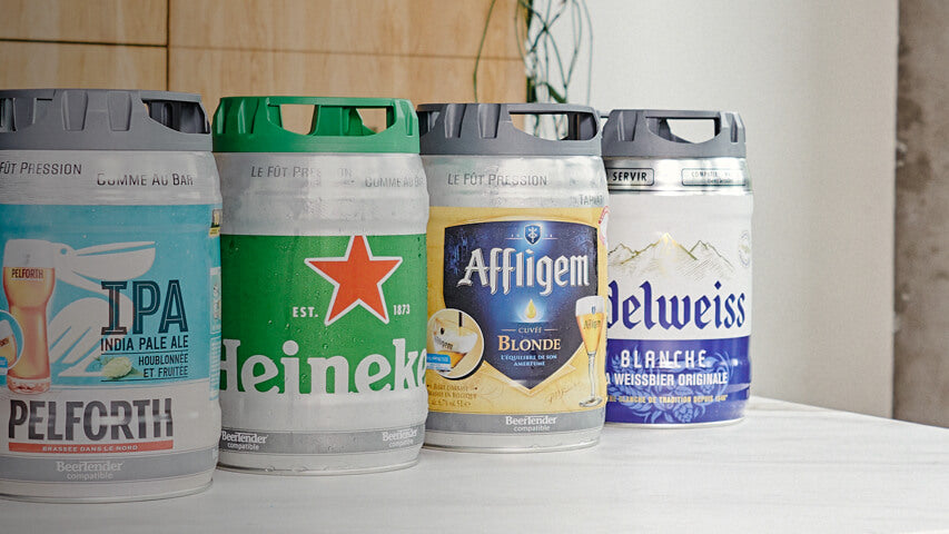 Four Draught Kegs of Pelforth, Heineken, Affligem and Edelweiss in a row